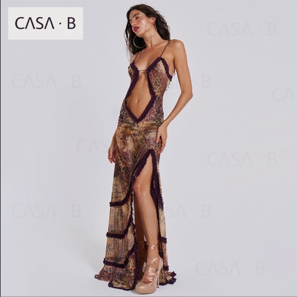 NEW to CASA B💫Seraphina Sheer Cut-Out Frill Leopard Script Print Maxi dress - Picture 7 of 16
